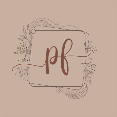 El Çizimi Çiçek, Düğün Yazı Tipi Logosu ve İş veya Şirket Kimliği ile PF İlk Logosu.