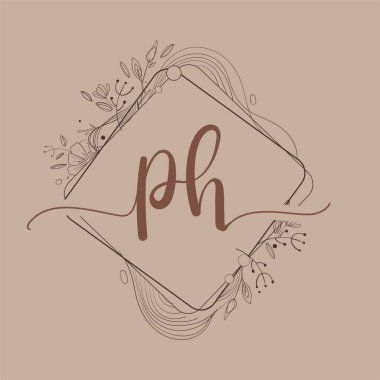 El Çizimi Çiçekli PH İlk Logosu Düğün Yazı Tipi Logosu ve İş veya Şirket Kimliği.