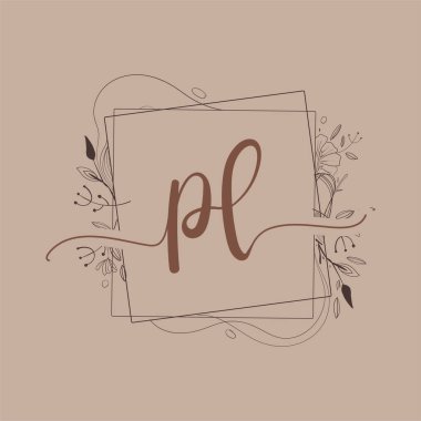 El Çizimi Çiçek, Düğün Yazı Tipi Logosu ve Şirket Kimliği ile PL İlk Logosu.