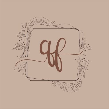 El Çizimi Çiçek, Düğün Yazı Tipi Logosu ve İş veya Şirket Kimliği ile QF Baş Logosu.