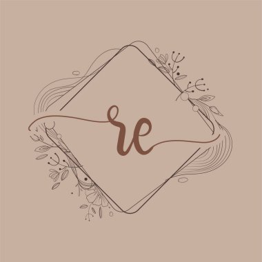 El Çizimi Çiçeği, İlk Düğün Yazı Tipi Logosu ve İş Kimliği içeren RE Başlangıç Logosu.