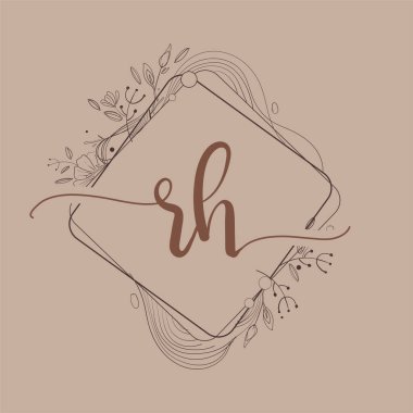 El Çizimi Çiçek, Düğün Yazı Tipi Logosu ve İş veya Şirket Kimliği ile RH İlk Logosu.