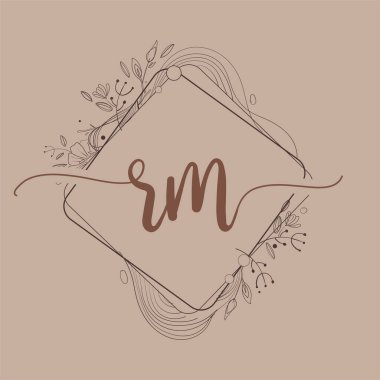Harf RM El Çizimi Çiçek, Düğün Yazı Tipi Logosu ve Şirket Kimliği.