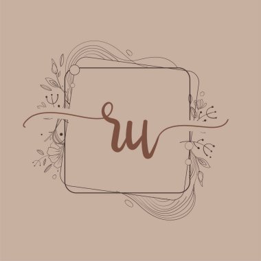 Harf RU El Çizimi Çiçek, Düğün Yazı Tipi Logosu ve Şirket Kimliği.