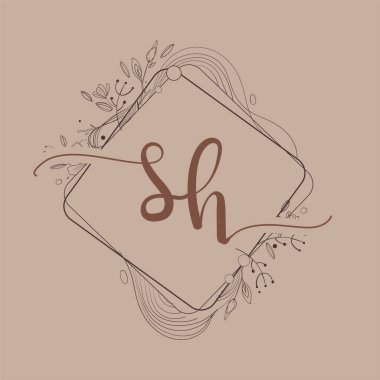 El Çizimi Çiçek, Düğün Yazı Tipi Logosu ve Şirket Kimliği ile SH İlk Logosu.