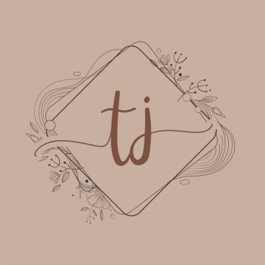 Harf TJ El Çizimi Çiçek, Düğün Yazı Tipi Logosu ve Şirket Kimliği.