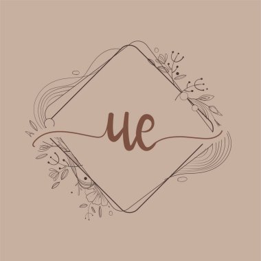 Harf UE El Çizimi Çiçek, Düğün Yazı Tipi Logosu ve Şirket Kimliği.
