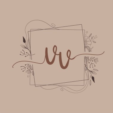 Harf VV El Çizimi Çiçek, Düğün Yazı Tipi Logosu ve Şirket Kimliği.