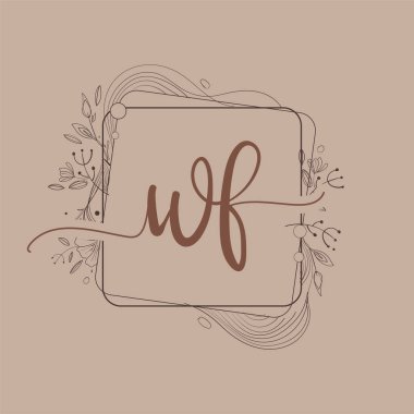 El Çizimi Çiçek, Düğün Yazı Tipi Logosu ve İş veya Şirket Kimliği ile WF İlk Logosu.