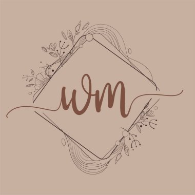 El Çizimi Çiçekli WM İlk Logosu Düğün Yazı Tipi Logosu ve İş veya Şirket Kimliği.