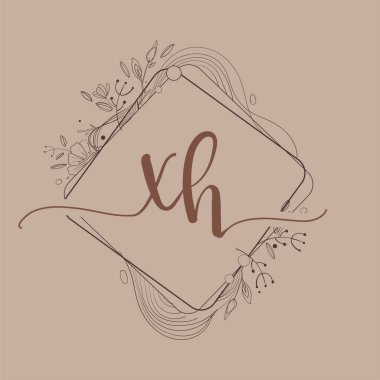 Harf XH El Çizimi Çiçek, Düğün Yazı Tipi Logosu ve Şirket Kimliği.
