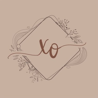 Harf XO El Çizimi Çiçekli İlk Logo, Düğün Yazı Tipi Logosu ve Şirket Kimliği.