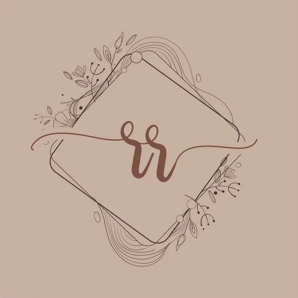 手紙Rr 花を描く手と初期のロゴ 初期結婚式のフォントロゴやビジネスや会社のアイデンティティ — ストックベクタ