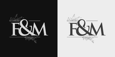 FM İlk logo, İlk Amperand İlk Logosu El Çiçeği Çizimi, İlk Düğün Yazı Tipi Logosu Siyah ve Beyaz Arkaplan 'da izole.