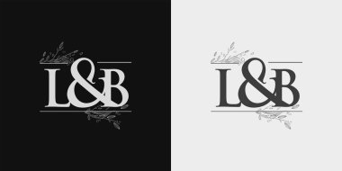 LB İlk logo, İlk Amperand Baş Logosu El Çiçeği Çizimi, İlk Düğün Yazı Tipi Logosu Siyah ve Beyaz Arkaplan 'da izole.