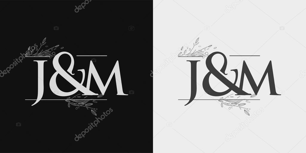JM Initial logo, Ampersand initial Logo with Hand Draw Floral, Initial Wedding Font Logo Isolated on Black and White Background.