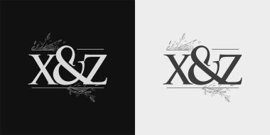 XZ İlk logo, İlk Ampersand Logosu El Çiçeği, İlk Düğün Yazı Tipi Logosu Siyah ve Beyaz Arkaplanda İzole Edildi.