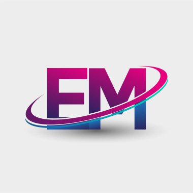 EM ilk logo şirketinin adı mavi ve morumsu renklerde, beyaz arka planda izole edilmiş. iş ve şirket kimliği için vektör logosu.