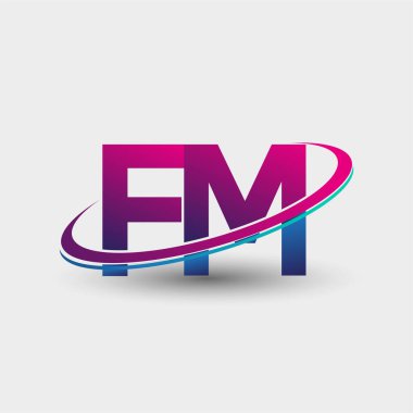 FM 'in ilk logo şirketi adı mavi ve morumsu renklerde, beyaz arka planda izole edilmiş. iş ve şirket kimliği için vektör logosu.