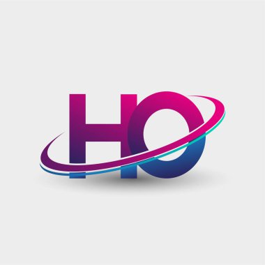 HO 'nun ilk logo şirketi adı mavi ve morumsu renklerde, beyaz arka planda izole edilmiş. iş ve şirket kimliği için vektör logosu.