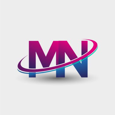 MN 'in ilk logo şirketi adı mavi ve morumsu renklerde, beyaz arka planda izole edilmiş. iş ve şirket kimliği için vektör logosu.