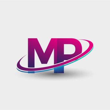 MP 'nin ilk logo şirketi adı mavi ve morumsu renklerde, beyaz arka planda izole edilmiş. iş ve şirket kimliği için vektör logosu.