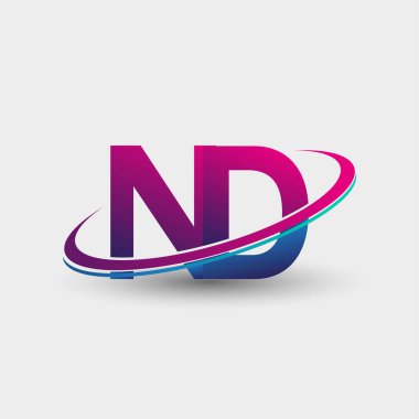 ND 'nin ilk logo şirketi adı mavi ve morumsu renklerde, beyaz arka planda izole edilmiş. iş ve şirket kimliği için vektör logosu.