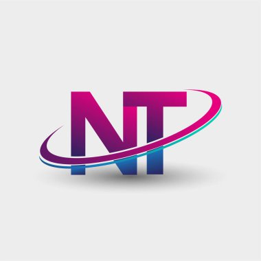 NT 'nin ilk logo şirketi adı mavi ve morumsu renklerde, beyaz arka planda izole edilmiş. iş ve şirket kimliği için vektör logosu.