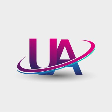UA 'nın ilk logo şirketi adı mavi ve morumsu renklerde, beyaz arka planda izole edilmiş. iş ve şirket kimliği için vektör logosu.