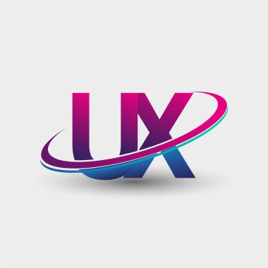 UX 'in ilk logo şirketi adı mavi ve morumsu renklerde, beyaz arka planda izole edilmiş. iş ve şirket kimliği için vektör logosu.