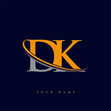İlk harf DK logotype şirketi adı Sarı ve Gri Swoosh tasarımı. koyu arkaplanda izole.
