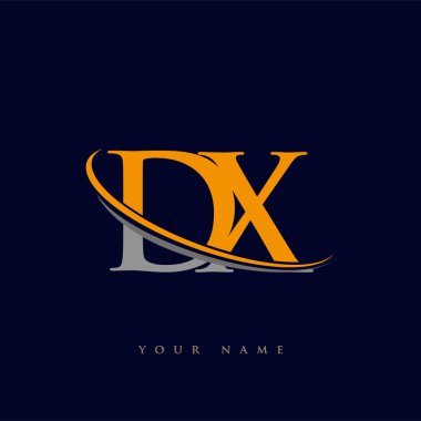 İlk harf DX logotype şirketi adı Sarı ve Gri Swoosh tasarımı. koyu arkaplanda izole.