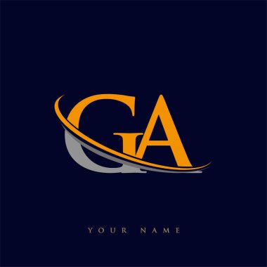 İlk harf GA logotype şirketinin adı Sarı ve Gri Swoosh tasarımı. koyu arkaplanda izole.