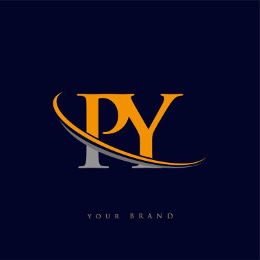 İlk harf PY logotype şirketi adı Sarı ve Gri Swoosh tasarımı. koyu arkaplanda izole.