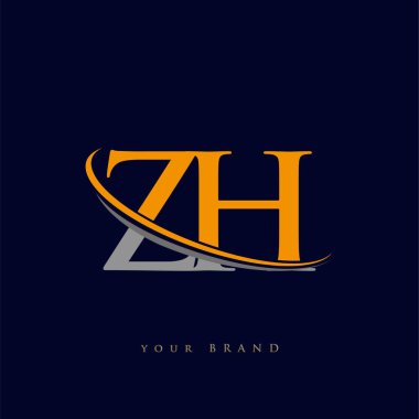 İlk harf ZH logotype şirketi adı sarı ve gri swoosh tasarımı. koyu arkaplanda izole.