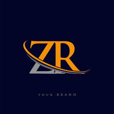 İlk harf ZR logotype şirketi adı sarı ve gri swoosh tasarımı. koyu arkaplanda izole.