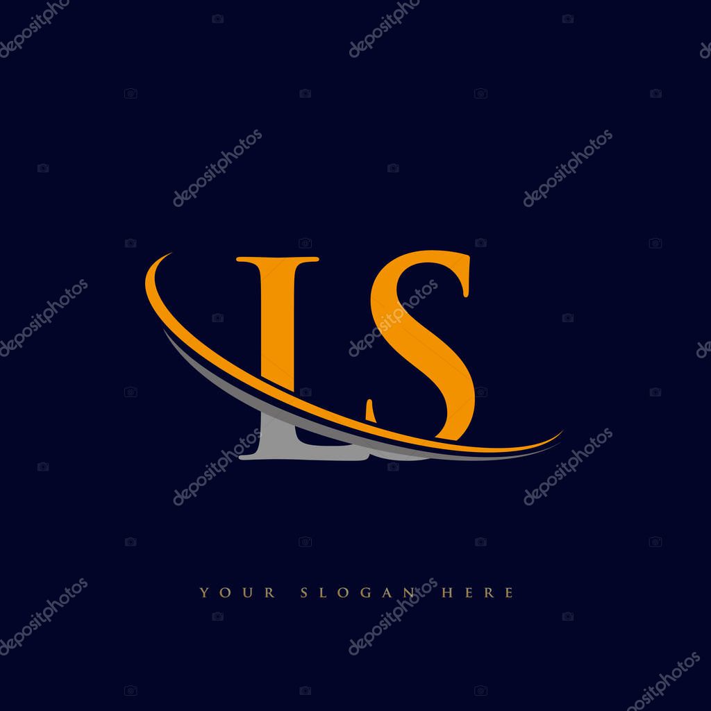 Initial letter LS logotype company name yellow and grey swoosh design. isolated on dark background.