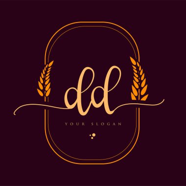DD İlk El Yazısı Logosu. Zarif arka planda izole edilmiş çelenk, kadın ve lüks logo tasarımı ile el yazısı logosu..