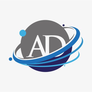 İlk harf AD logotype şirketinin adı mavi ve gri renklendirme ve dünya tasarımı. beyaz arkaplanda izole.