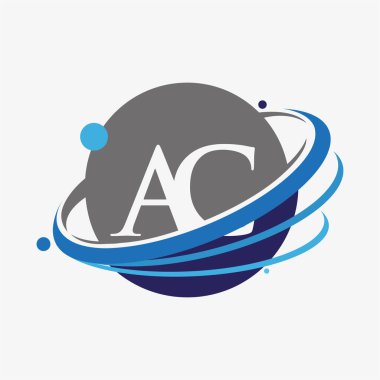 İlk harf AC logotype şirketinin adı mavi ve gri renk akım ve dünya tasarımı. beyaz arkaplanda izole.