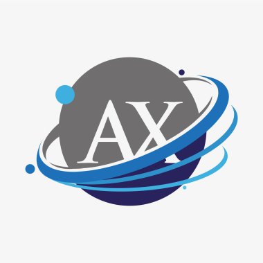 İlk harf AX logotype şirketi adı mavi ve gri renk akım ve dünya tasarımı. beyaz arkaplanda izole.