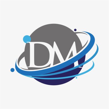 İlk harf DM logotype şirket adı mavi ve gri renkli swoosh ve dünya tasarımı. beyaz arkaplanda izole.