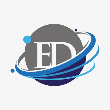 İlk harf ED logotype şirketinin adı mavi ve gri renklendirme ve dünya tasarımı. beyaz arkaplanda izole.