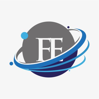 FE logotype şirketinin ilk harfi: Renkli mavi ve gri renk akım ve dünya tasarımı. beyaz arkaplanda izole.