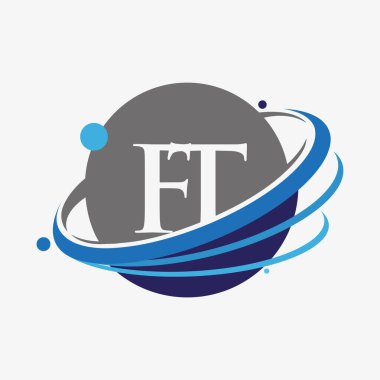 İlk harf FT logotype şirketinin adı mavi ve gri renkli desenli ve küresel tasarım. beyaz arkaplanda izole.