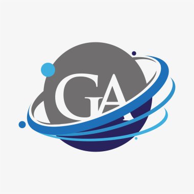İlk harf GA logotype şirketinin adı mavi ve gri renkli desenli ve küresel tasarım. beyaz arkaplanda izole.
