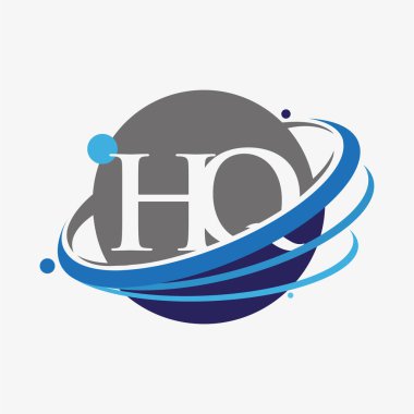 İlk harf HQ logotype şirketinin adı mavi ve gri renkli desenli ve küresel tasarım. beyaz arkaplanda izole.