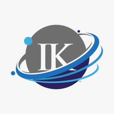 İlk harf olarak IK logotype şirketi adı mavi ve gri renkler ve dünya tasarımı. beyaz arkaplanda izole.