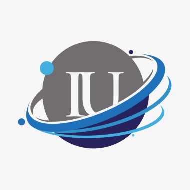 İlk harfi IU logotype şirketinin adı mavi ve gri desenli ve küresel tasarım. beyaz arkaplanda izole.