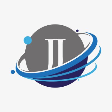 İlk harf JJ logotype şirketinin adı mavi ve gri renkli desenli ve küresel tasarım. beyaz arkaplanda izole.